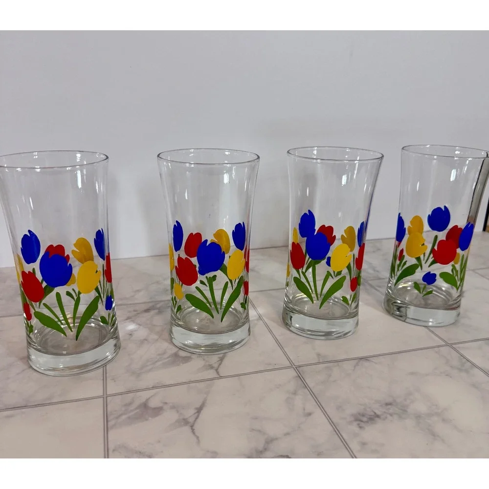 Vintage Federal Glass Tulip Tyme Tumblers Set of 4 Primary Colors Floral Glass